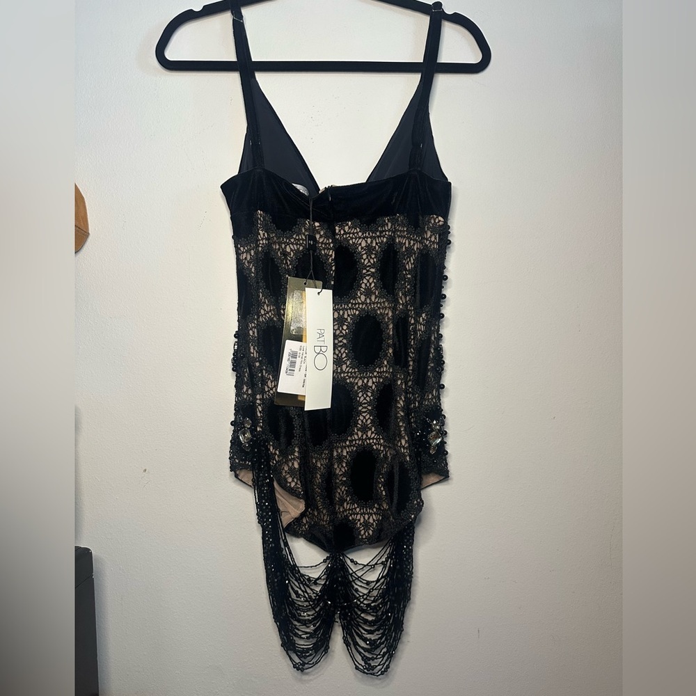 NWT PATBO black velvet fringe mini dress hand beaded rhinestone crochet Gatsby - Picture 16 of 16